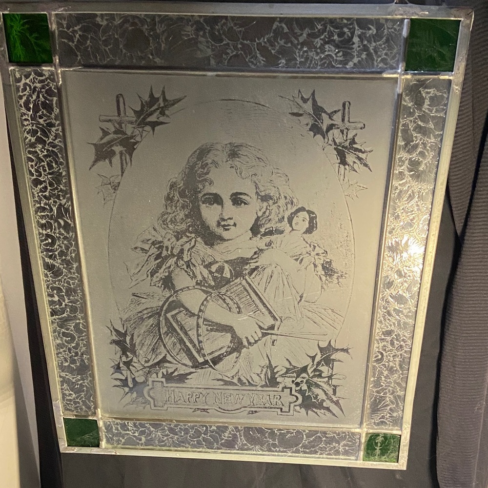 Victorian Etched Glass Art with Green Stained Glass Accents